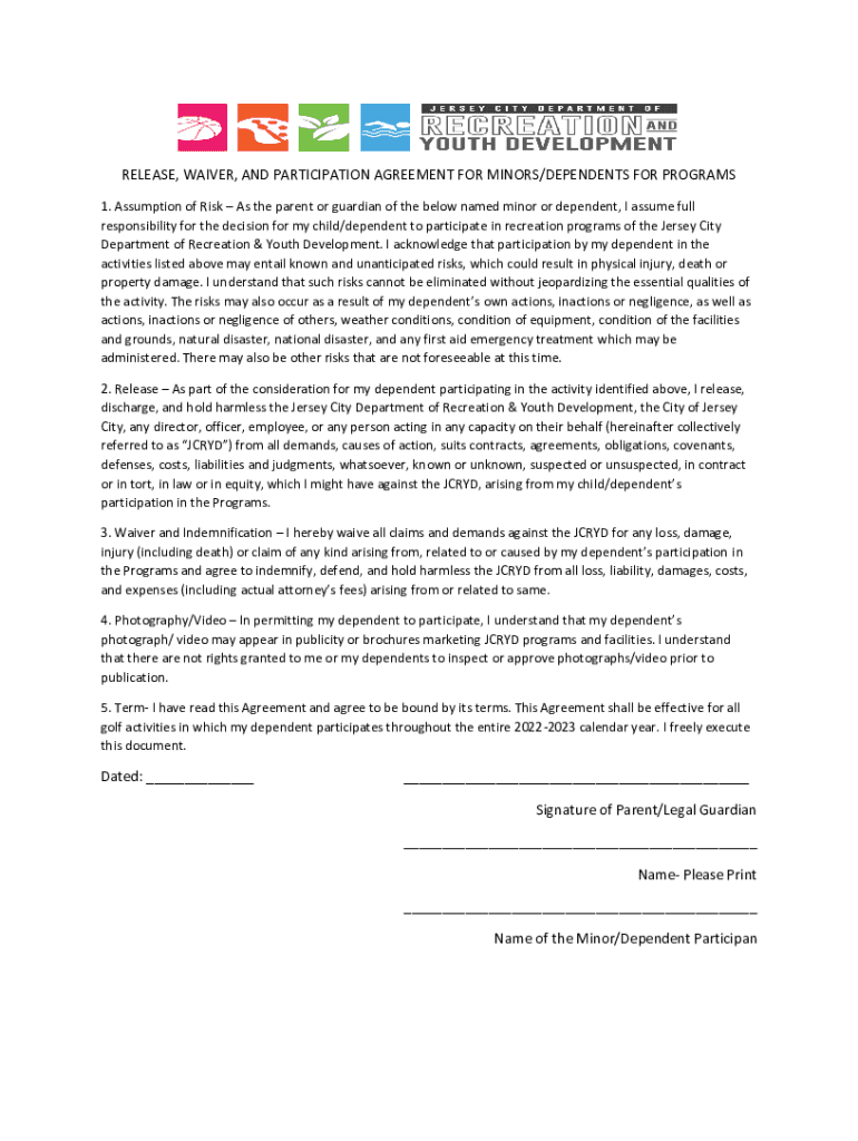 Fillable Online release, waiver, and participation agreement for minors/ ... Fax Email Print ...