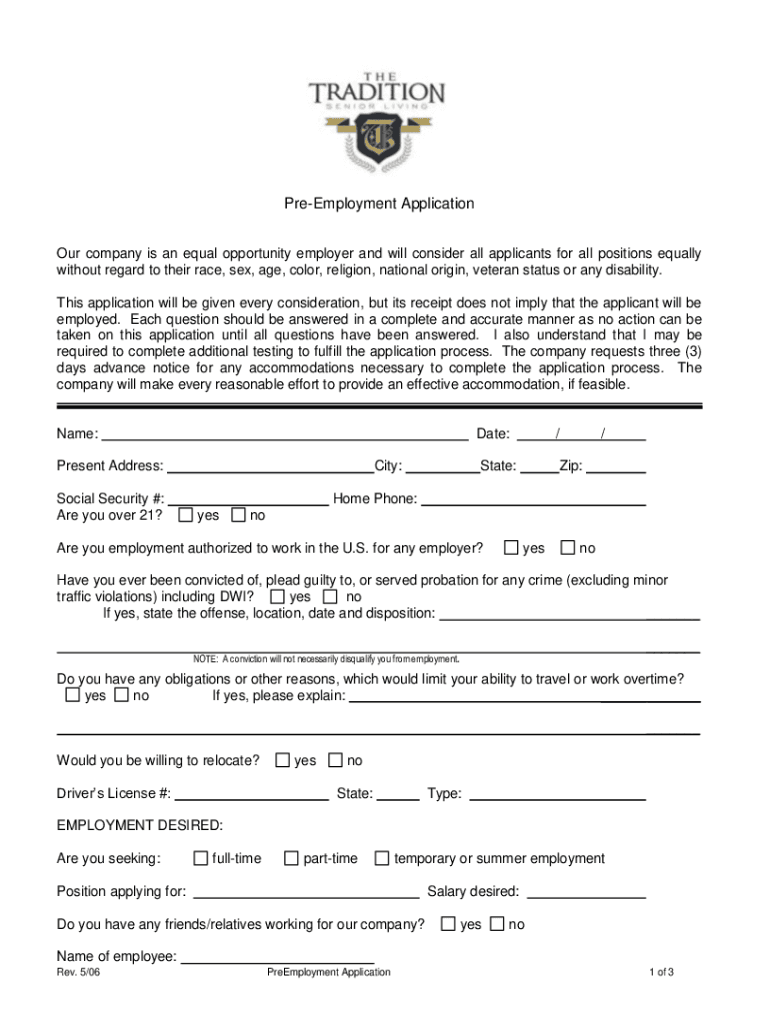 Fillable Online PreEmployment Application Washington DC Fax Email