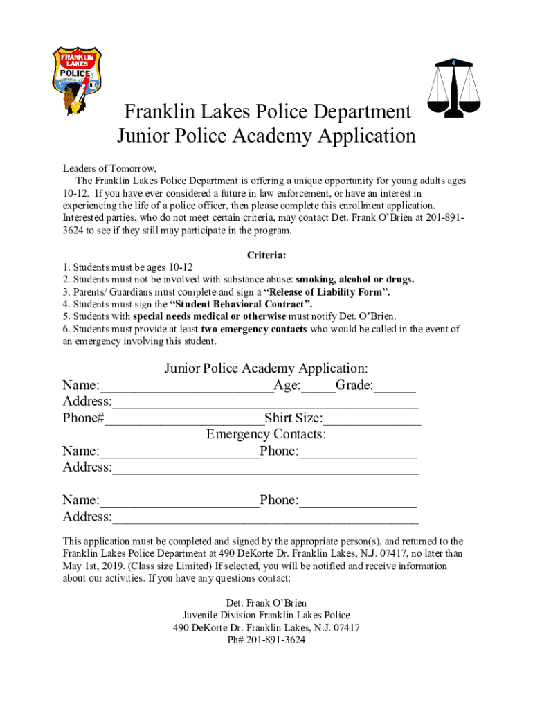 Fillable Online Franklin Lakes Police Department Junior Police Academy