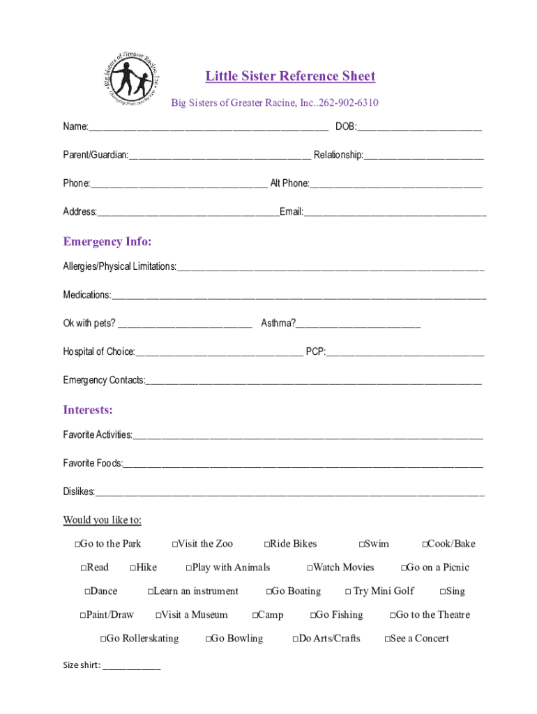 Fillable Online Little Sister Reference Sheet Fax Email Print PdfFiller Fillable Online Little Sister Reference Sheet Fax Email Print PdfFiller