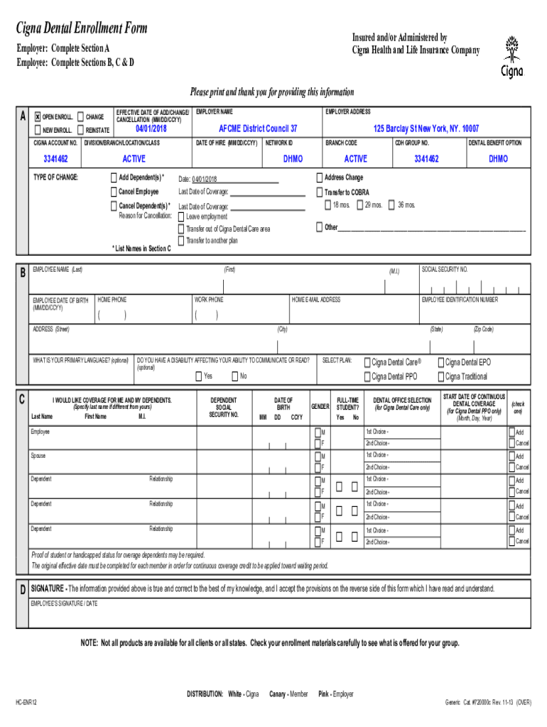 Fillable Online Cigna Dental Enrollment Form Fax Email Print - pdfFiller