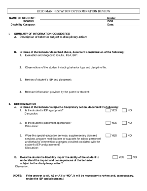 MANIFESTATION DETERMINATION REVIEW WORKSHEET