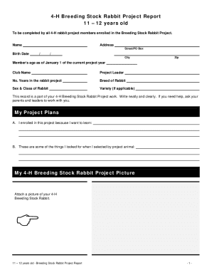 Fillable Online 4-H Breeding Stock Rabbit Project Report 1112 years old ...