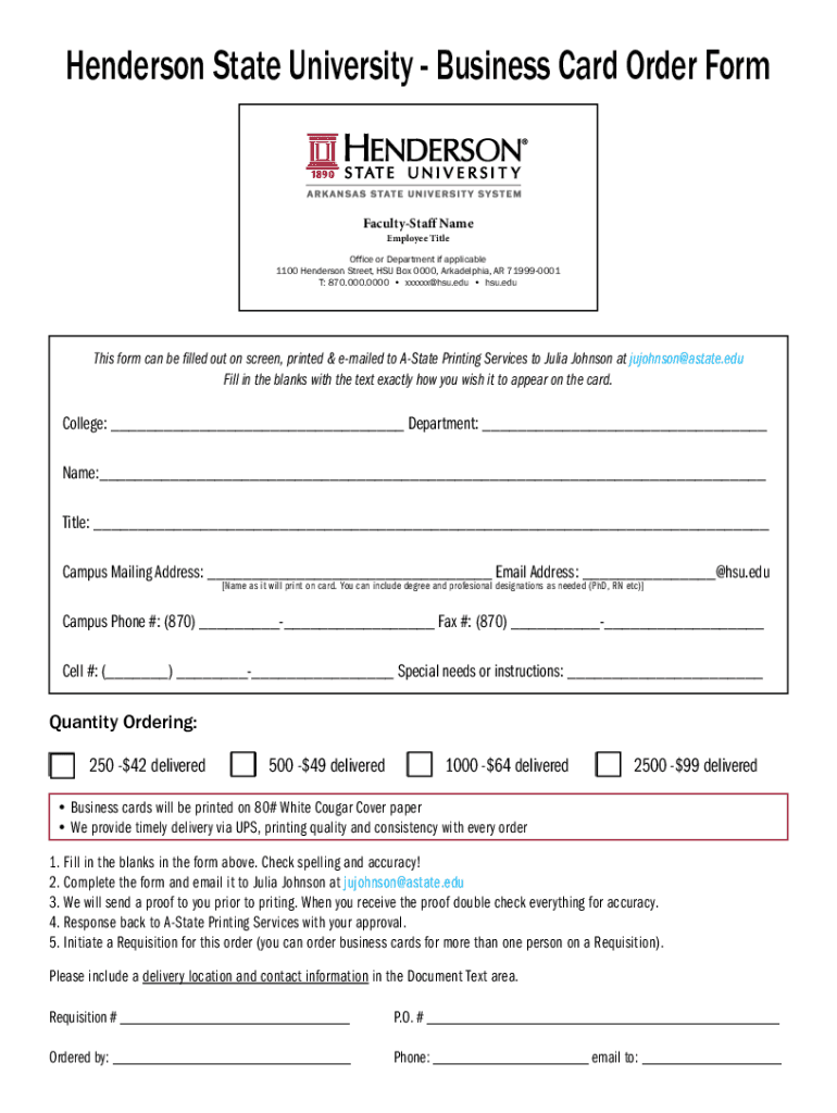 Fillable Online Henderson State University Business Card Order Form
