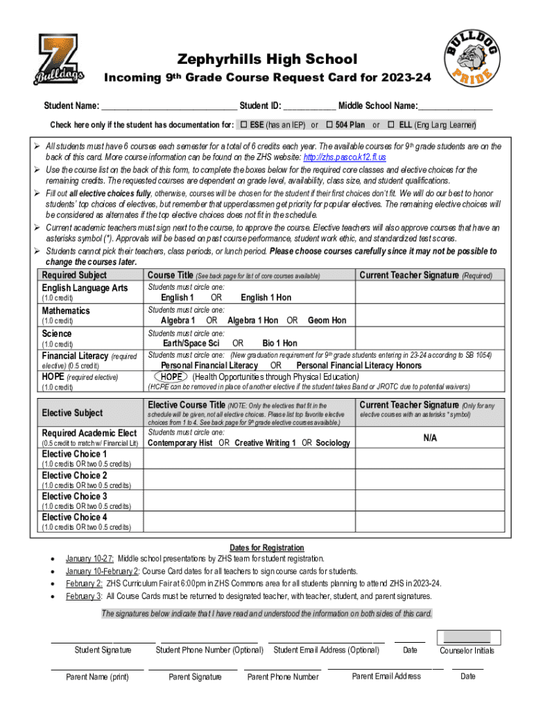 Fillable Online zhs pasco k12 fl Zephyrhills High School 9th Grade