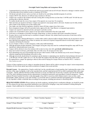 Fillable Online Overnight Youth Camp Rules and Acceptance Form Fax ...