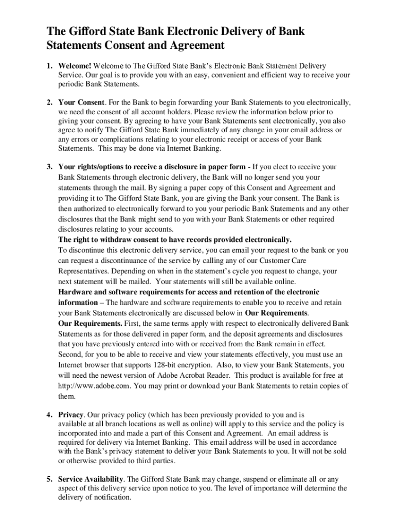 Fillable Online The Gifford State Bank Electronic Delivery of Bank