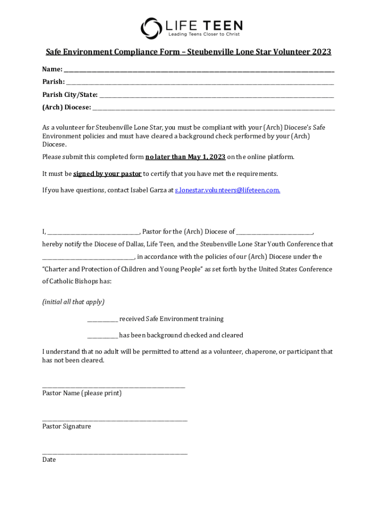 Fillable Online Safe Environment Compliance Form.Steubenville Lone Star