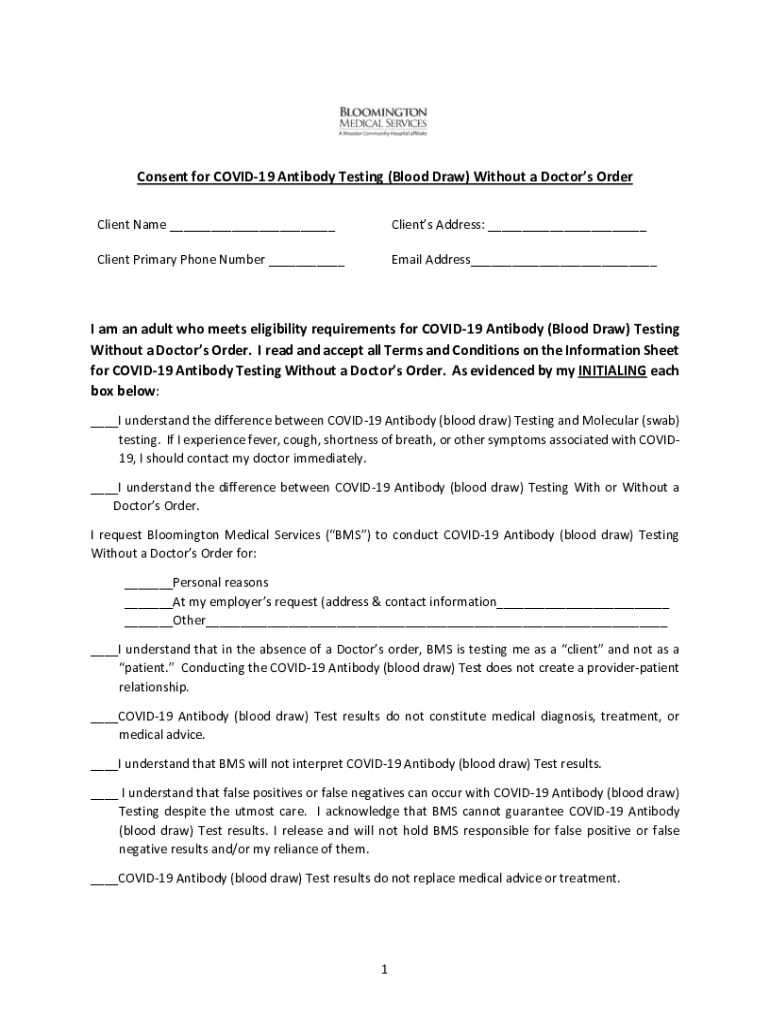 Fillable Online consent for covid19 antibody testing (blood draw