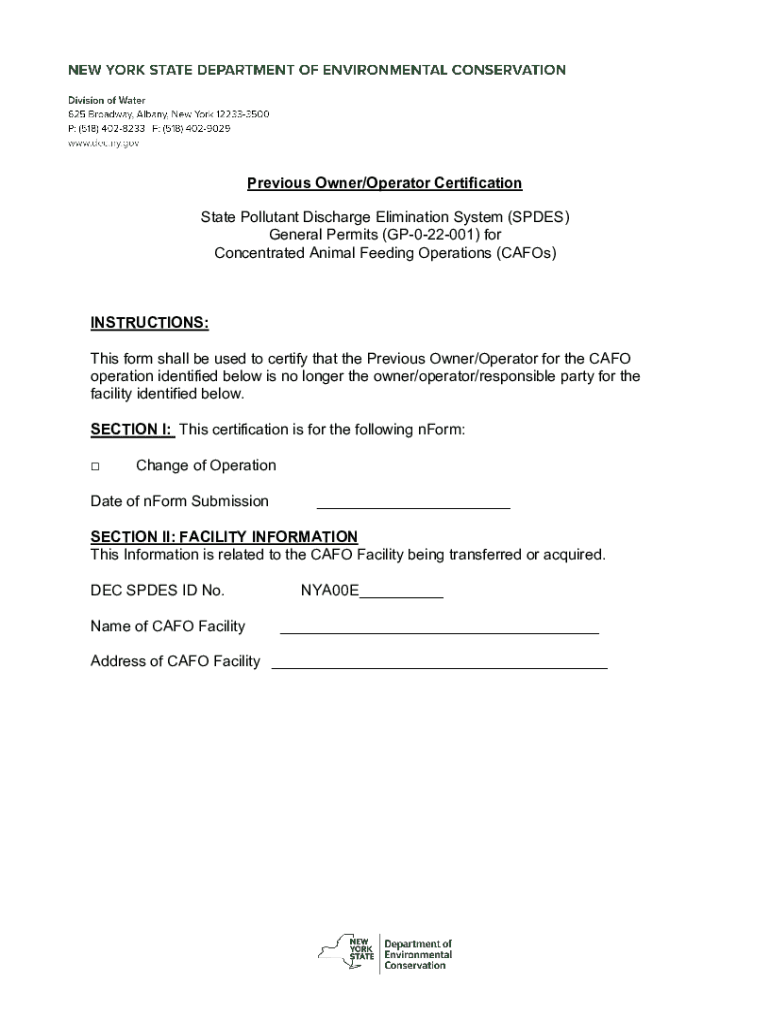 Fillable Online Previous Owner/Operator Certification. SPDES General ...