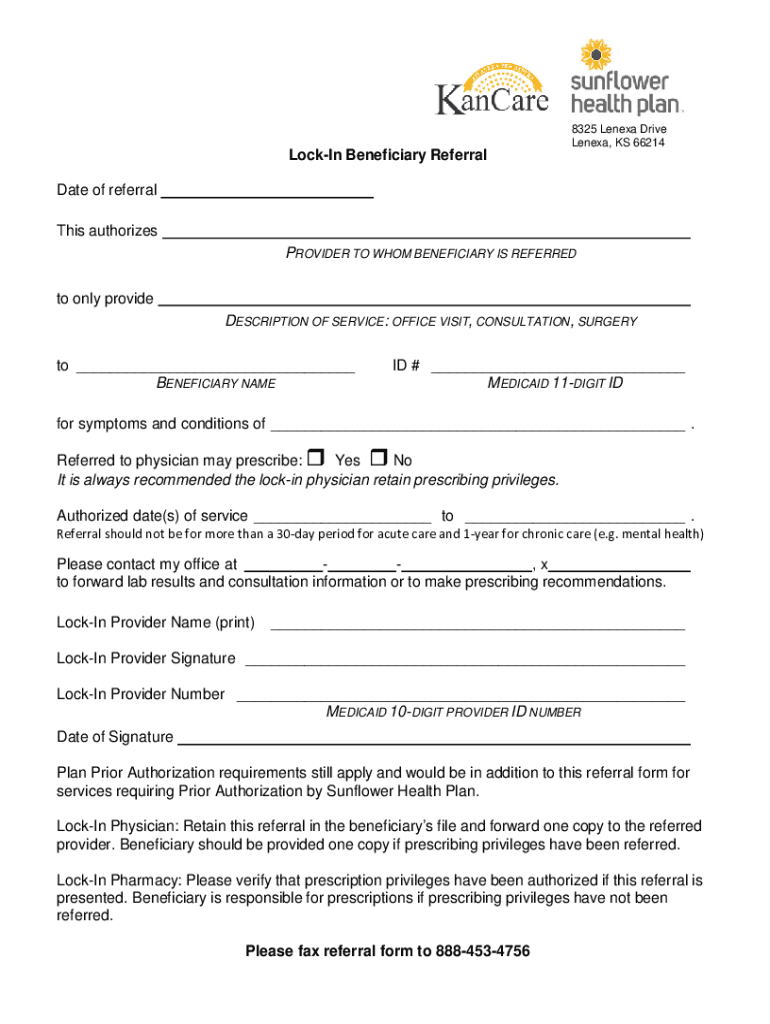 Fillable Online Sunflower LockIn Beneficiary Referral. Sunflower