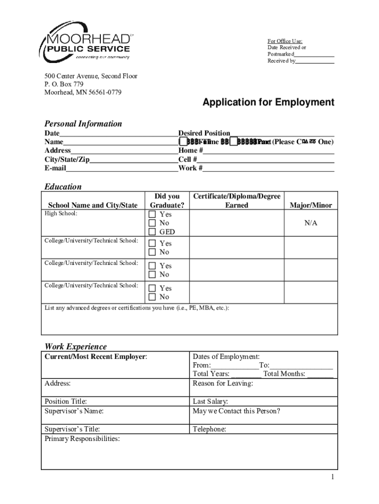 Fillable Online Water Treatment Plant Operator Moorhead Public
