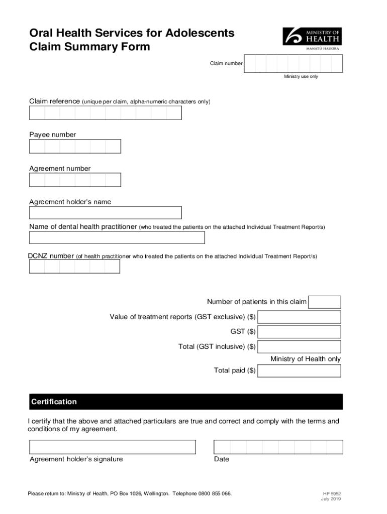 Fillable Online Oral Health Services for Adolescents Claim Summary Form Fax Email Print pdfFiller