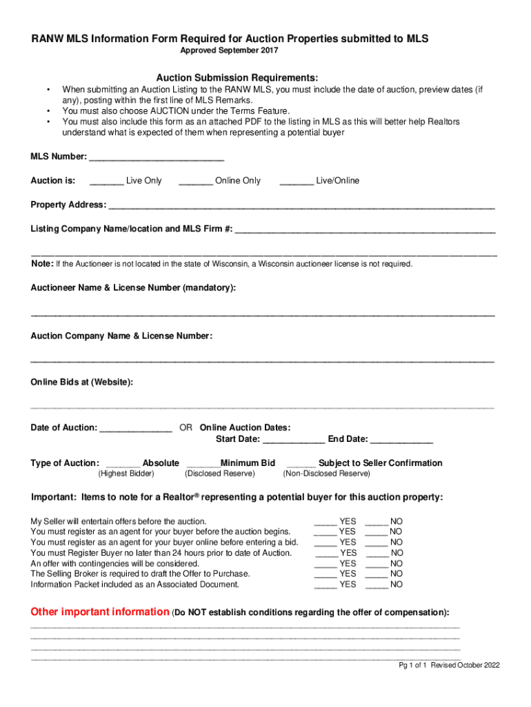 Fillable Online RANW MLS Information Form For Properties Being Sold At 