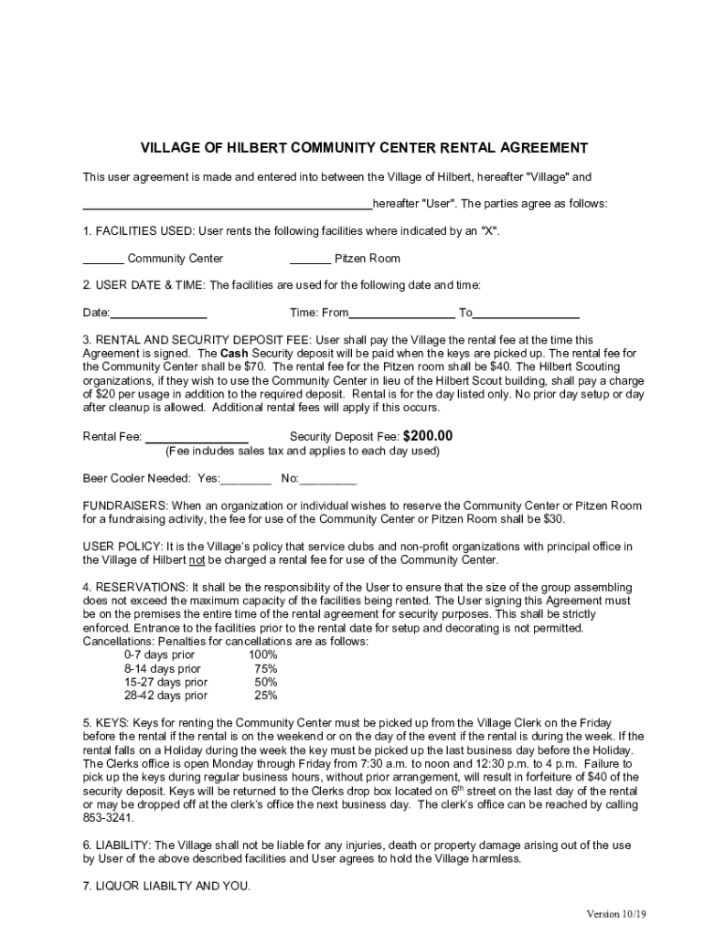 Fillable Online community center rental agreement Fax Email Print