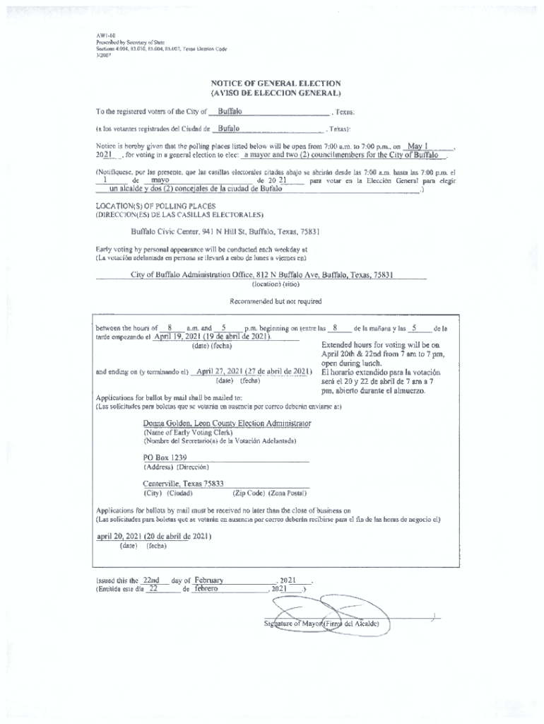 Fillable Online LOCA TlON(S) OF POLLTNG PLA ES 5 - Leon County, Texas ...