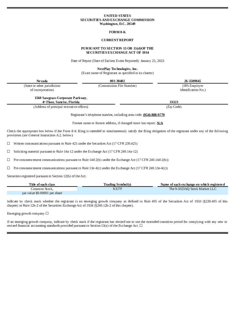 NextPlay Technologies Inc. (. EDGAR Online Pro Doc Template pdfFiller