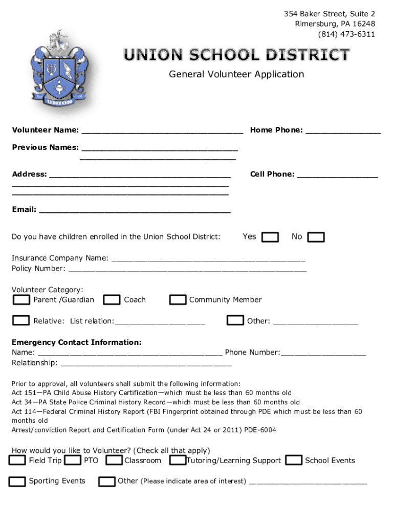 Fillable Online Union High School, 354 Baker St, Suite 2, Rimersburg