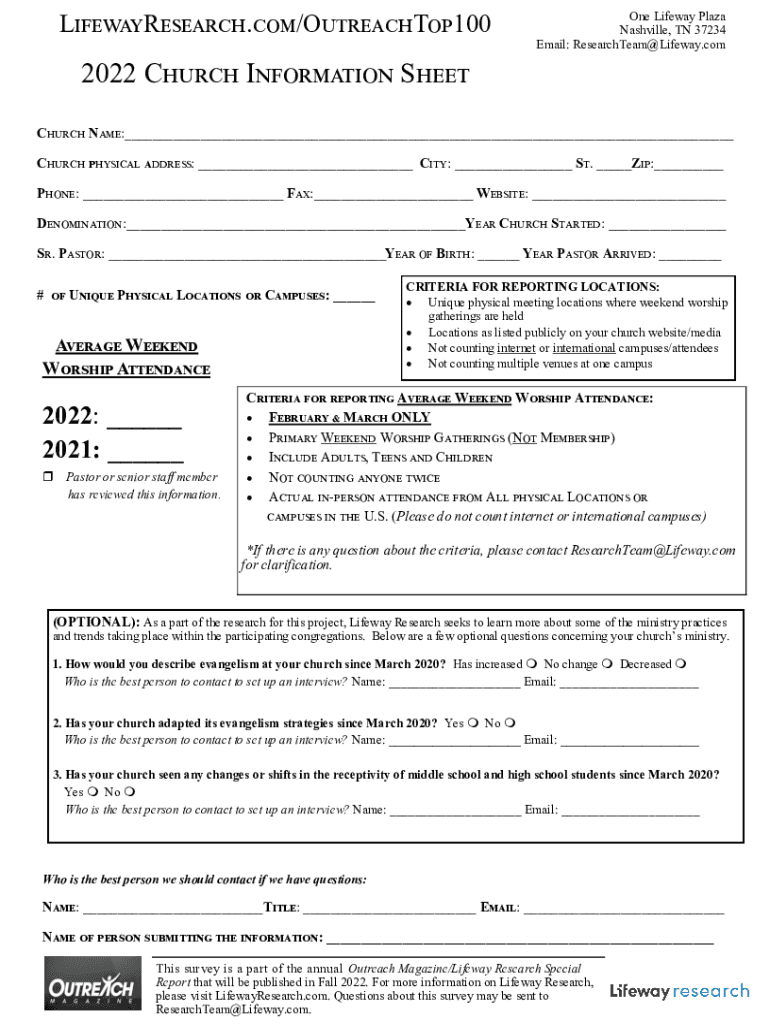 Fillable Online fax to: (615) 468-4681 - 2019 church information sheet ...