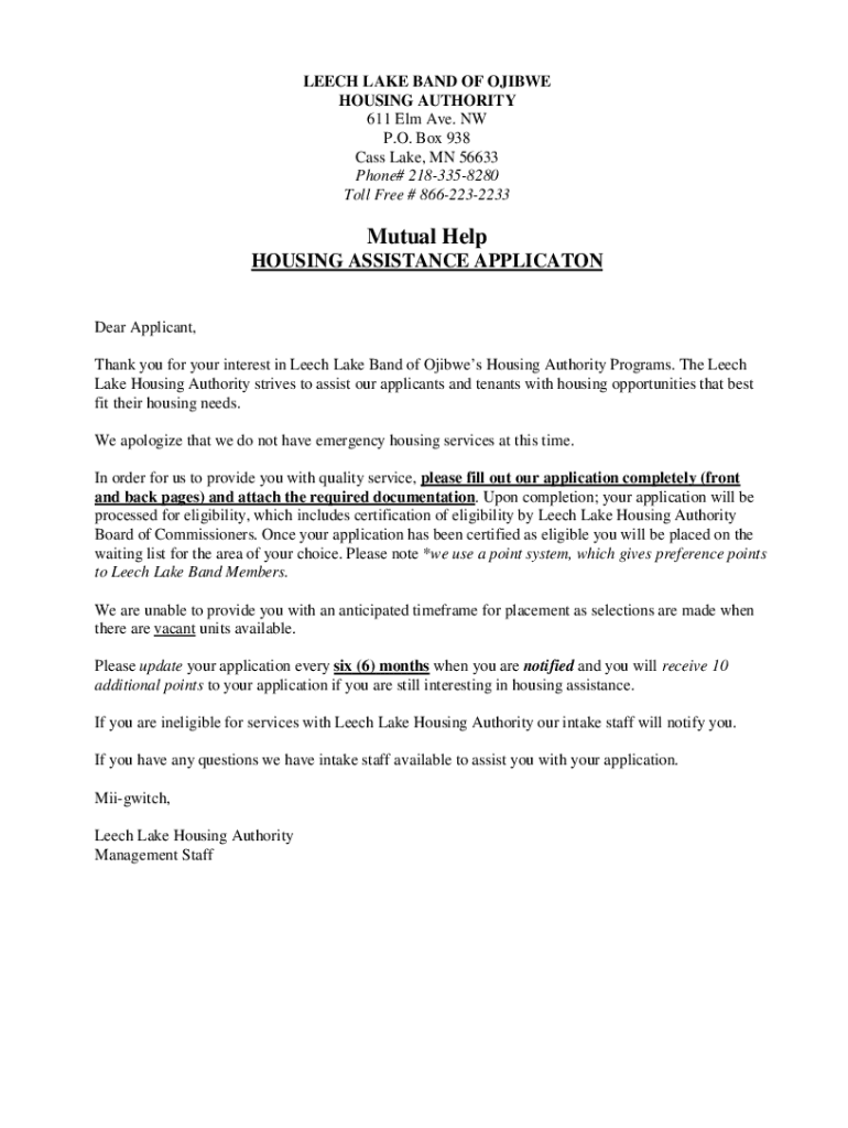 Fillable Online Leech Lake Band of Ojibwe Housing AuthorityCass Lake