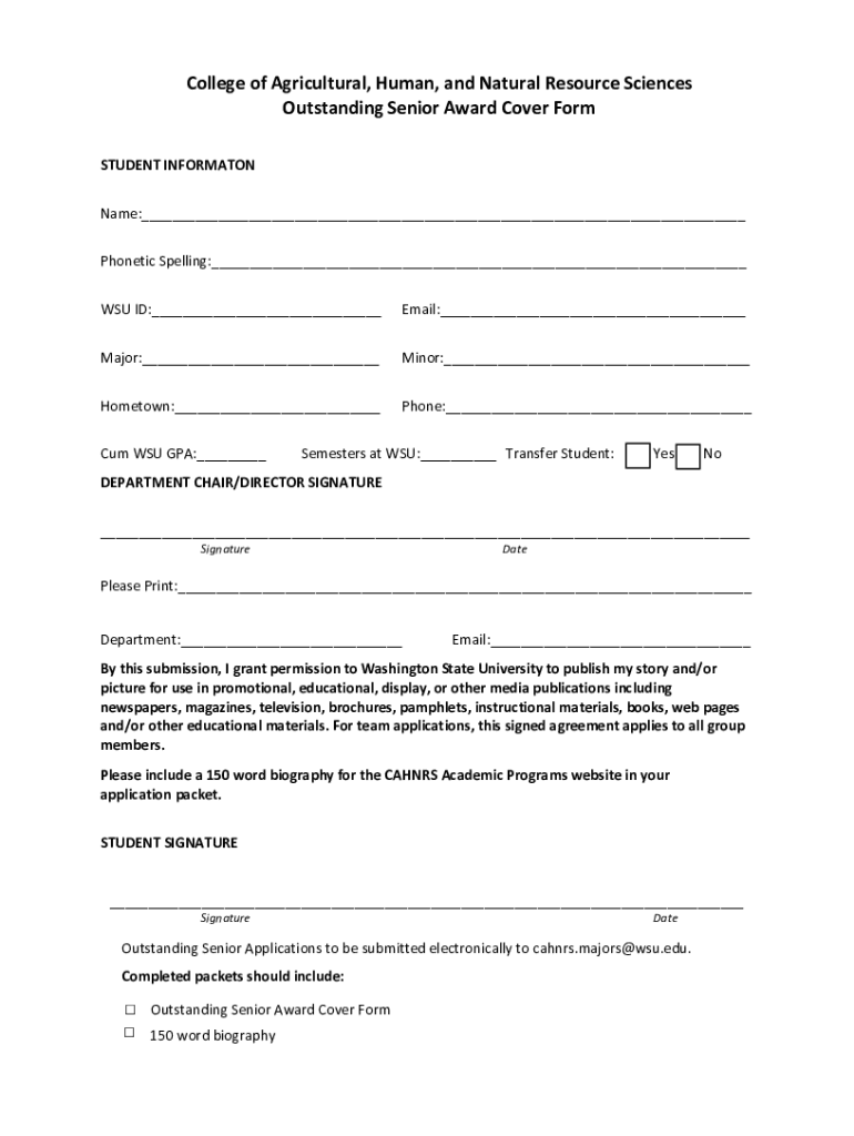 Fillable Online Outstanding Senior Award Cover Form Fax Email Print