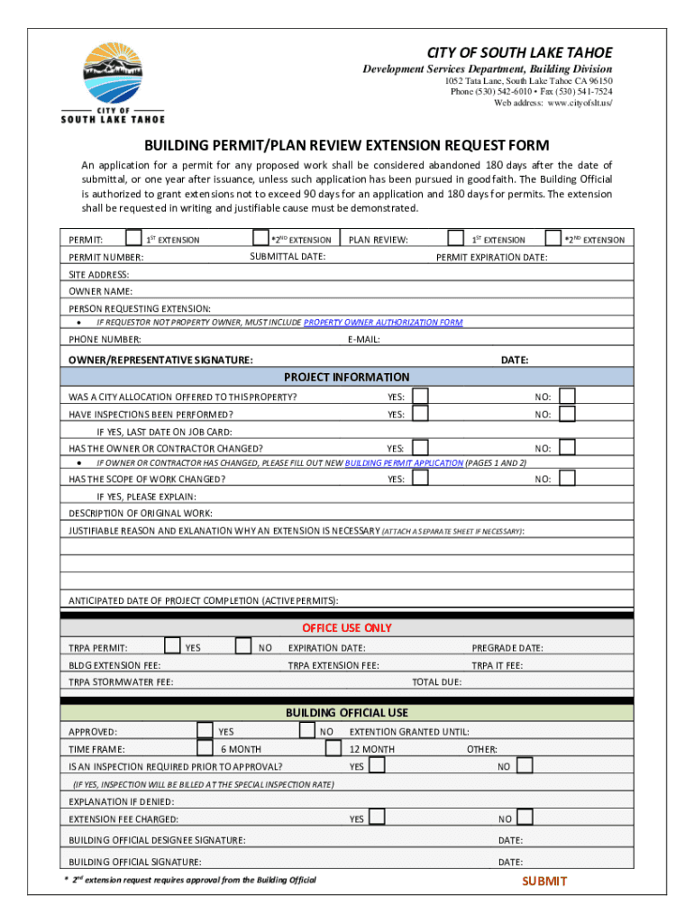 Fillable Online CITY OF SOUTH LAKE TAHOE BUILDING PERMIT/PLAN REVIEW