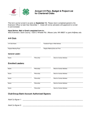 Fillable Online Annual 4-H Plan, Budget &amp; Project List for Chartered ...