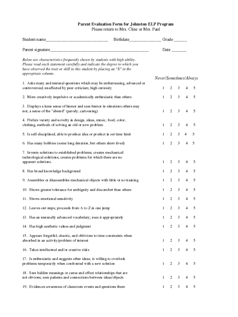Fillable Online Parent Evaluation Form for Johnston ELP Program Fax ...