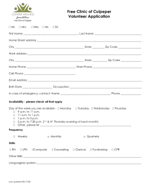 Fillable Online Free Clinic of Culpeper Volunteer Application Fax Email Fillable Online Free Clinic of Culpeper Volunteer Application Fax Email