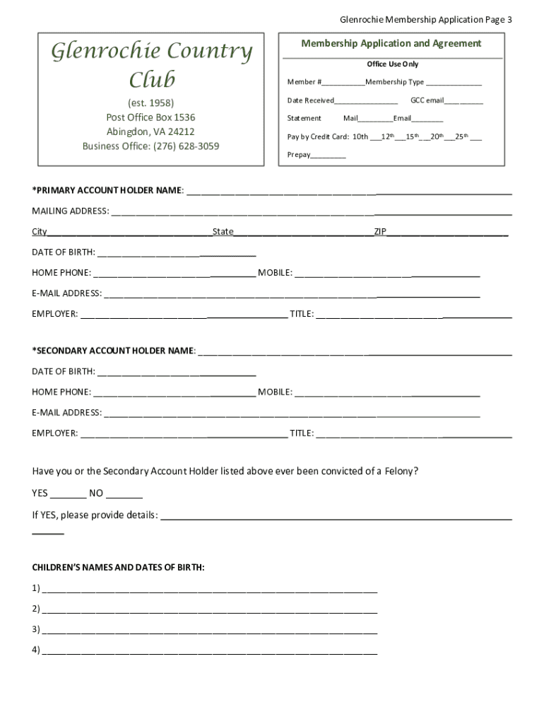 Fillable Online Glenrochie Country Club in Abingdon, Virginia, USA Fax