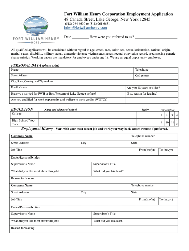 Fillable Online Lake Jobs at The Fort William Henry Hotel Fax