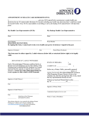Fillable Online Indiana Advance Directive 2023 - Representative ...