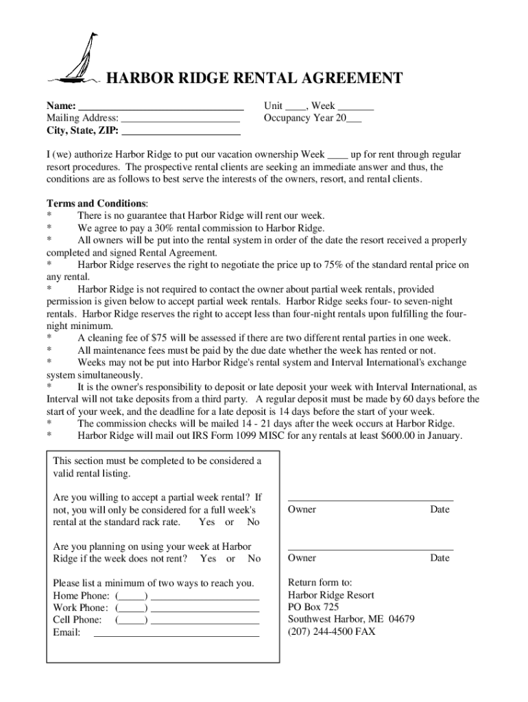 Fillable Online HARBOR RIDGE RENTAL AGREEMENT Fax Email Print pdfFiller