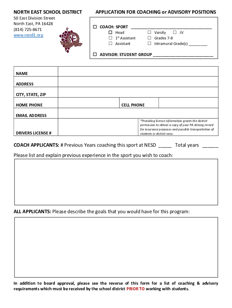 Fillable Online Coach & Advisor Employment Application Form. Fax