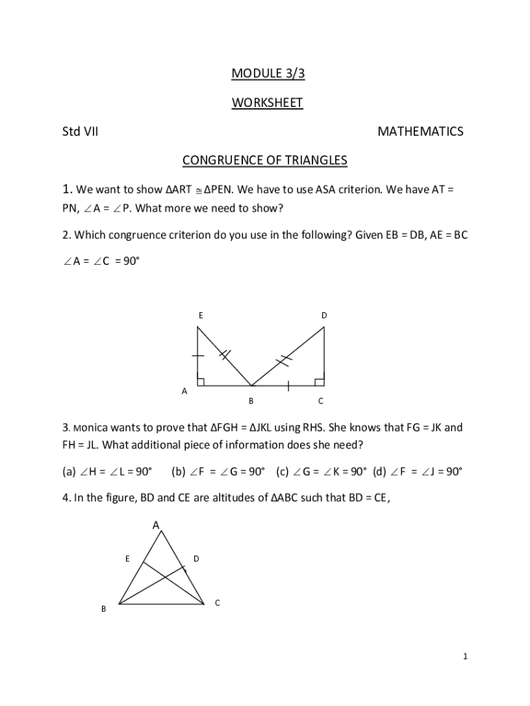 Fillable Online congruence of triangles class 7 worksheet with