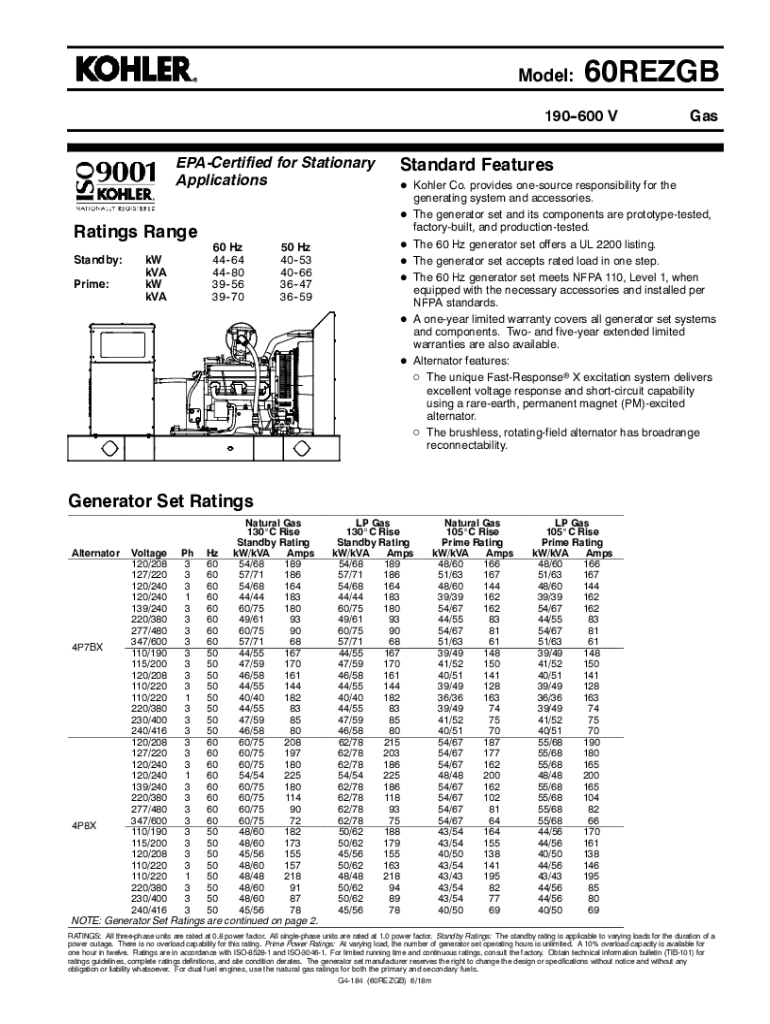 Fillable Online 900REOZMD Standard Features Generator Set Ratings Fax