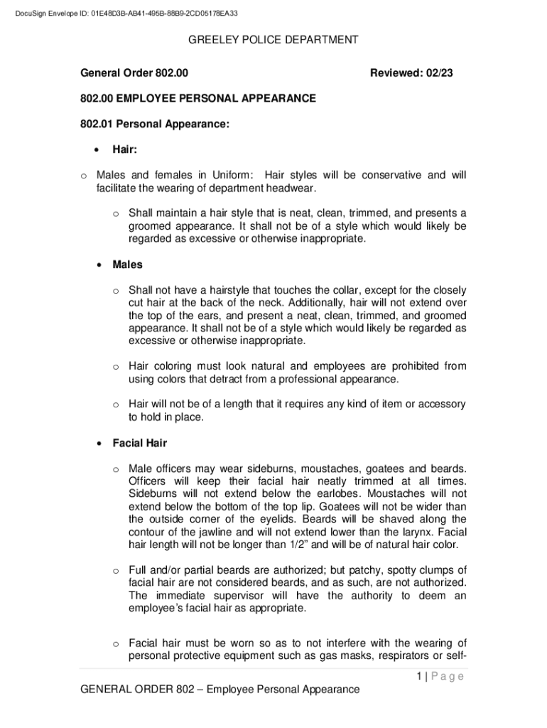 Fillable Online Employee Personal Appearance General Order 802.00