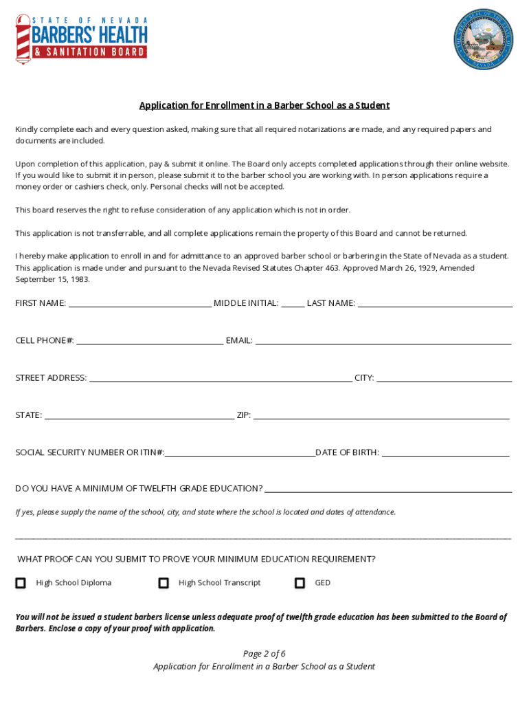 Fillable Online Application for Enrollment in a Barber School as a