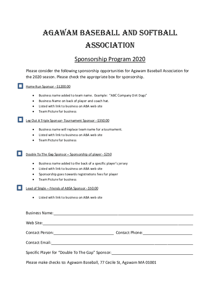 Fillable Online SponsorsSharon Youth Baseball and Softball Association