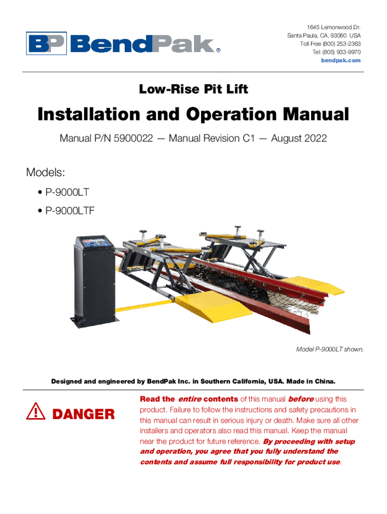 Fillable Online P9000LT/F LowRise Pit Lift Installation and Operation