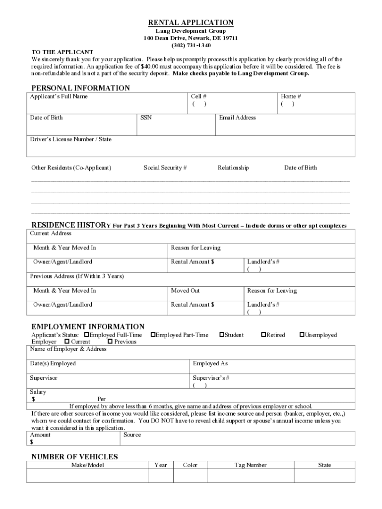 Fillable Online RENTAL APPLICATION Lang Development Group 100 Dean
