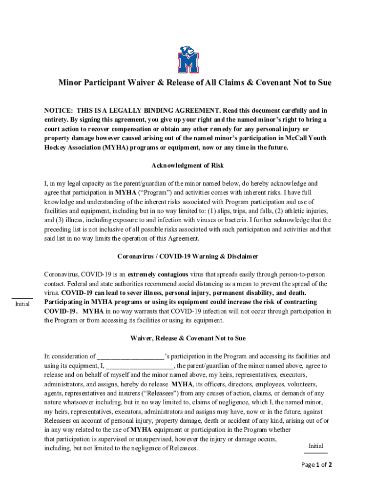Fillable Online Minor Participant Waiver of Liability Form Fax Email ...