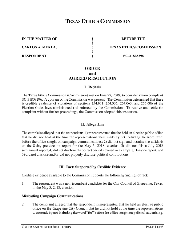 Fillable Online TEXAS ETHICS COMMISSION ORDER and AGREED RESOLUTION Fax ...