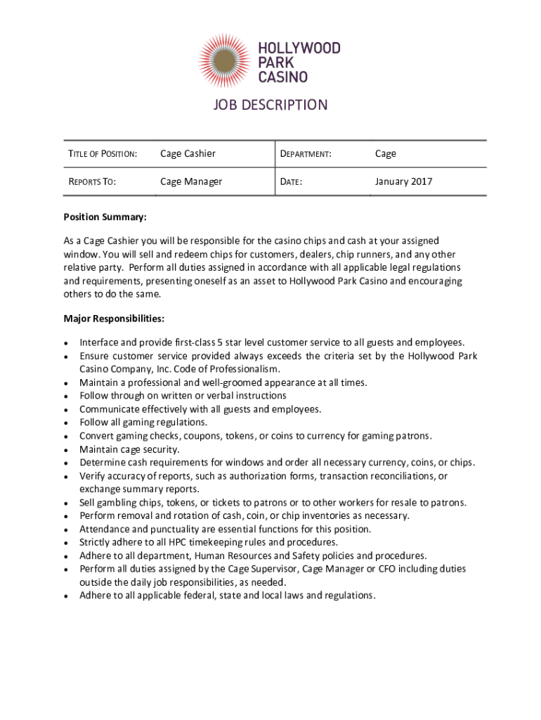 Fillable Online Cage Cashier Job Description Sample Template Fax Email