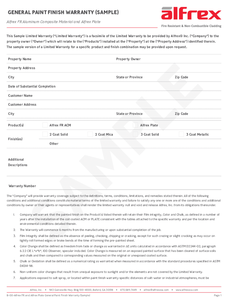 Fillable Online GENERAL PAINT FINISH WARRANTY (SAMPLE) Fax Email Print