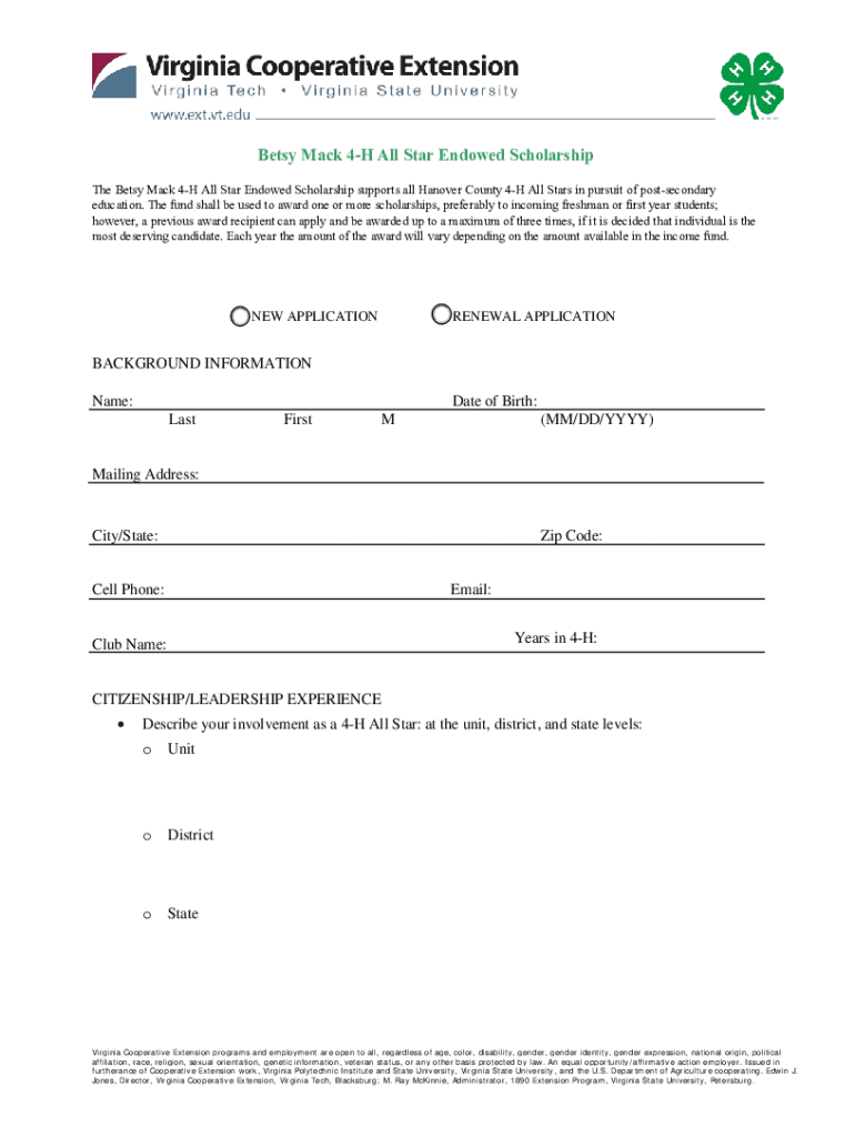 Fillable Online 1) Weimer 4H Scholarship Incentive Program for Hanover