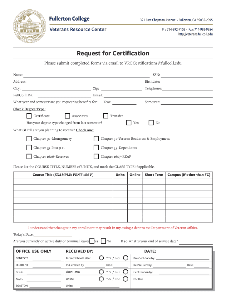 Fillable Online veterans fullcoll Fullerton College Veteran Forms Fax ...
