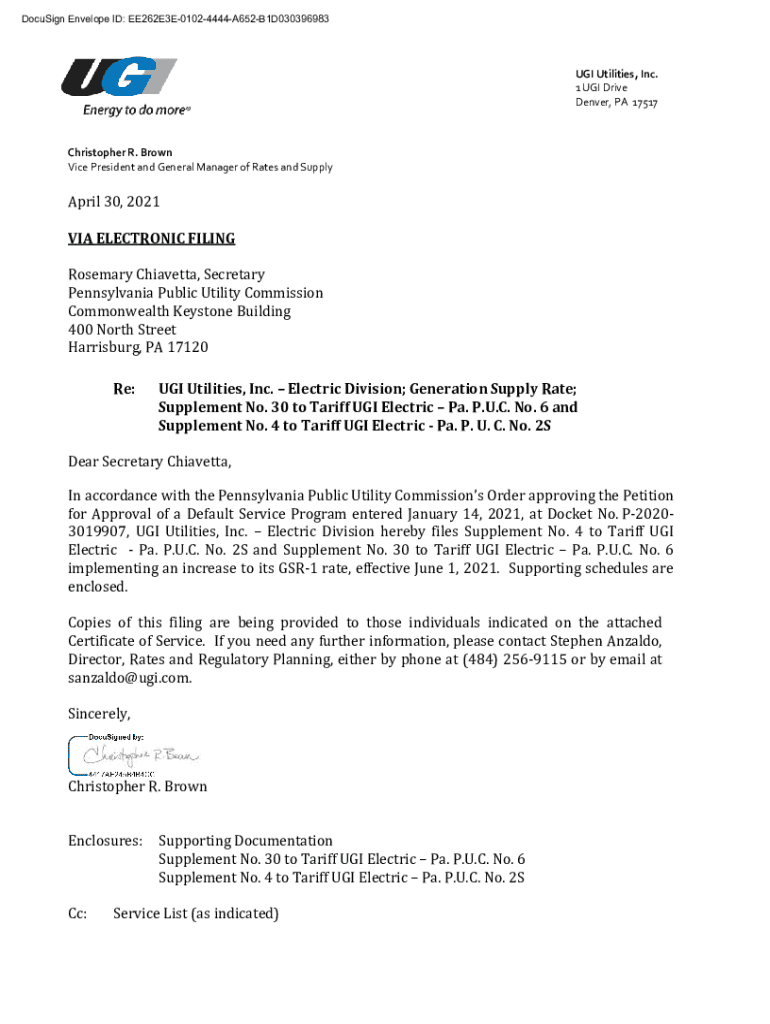 Fillable Online Supplement No. 30 to Tariff UGI ElectricPa. PUC Fax