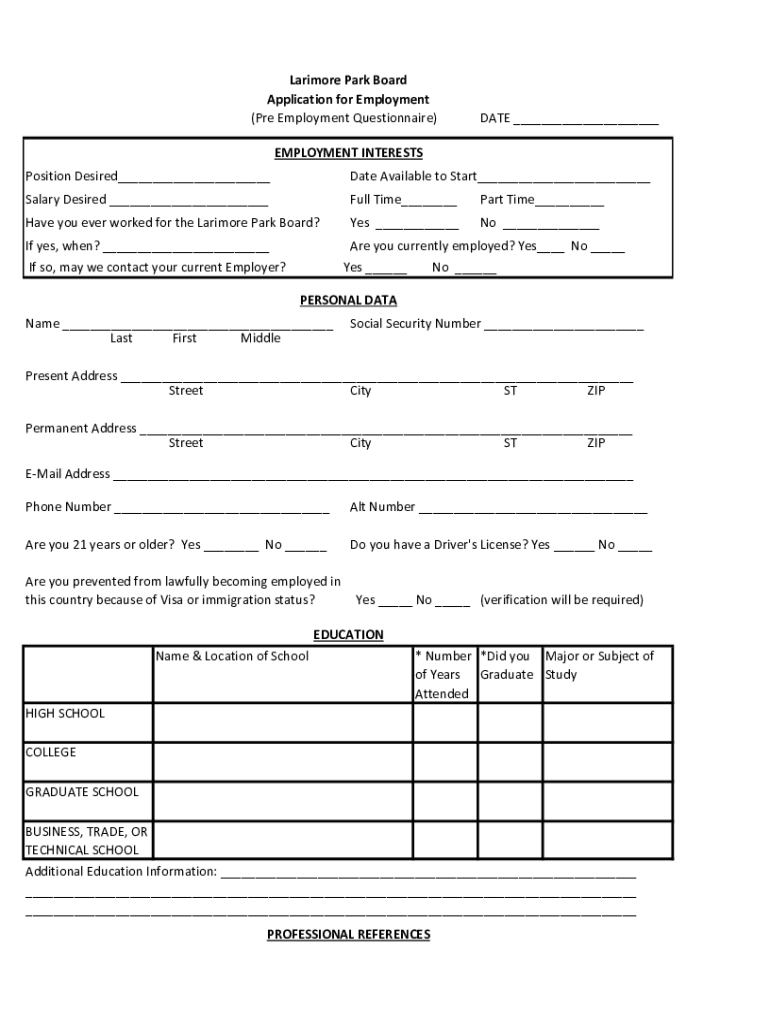 Fillable Online Have you ever worked for the Larimore Park Board? Yes