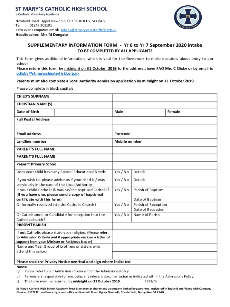 Fillable Online St Mary's Catholic High school supplementary form 2020